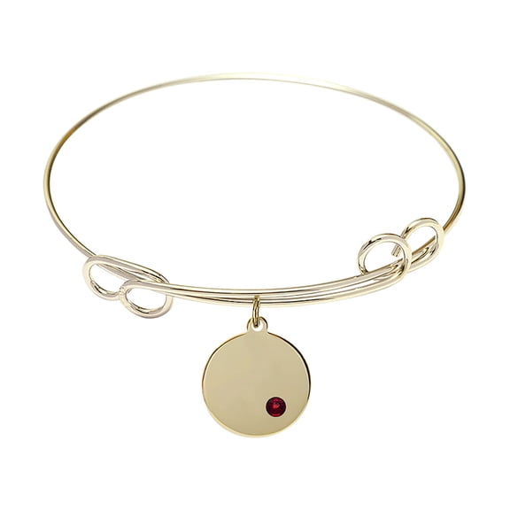 7 1/2 inch Round Double Loop Bangle Bracelet w/ Plain Disc medal charm w/ January Red Swarovski Crystal