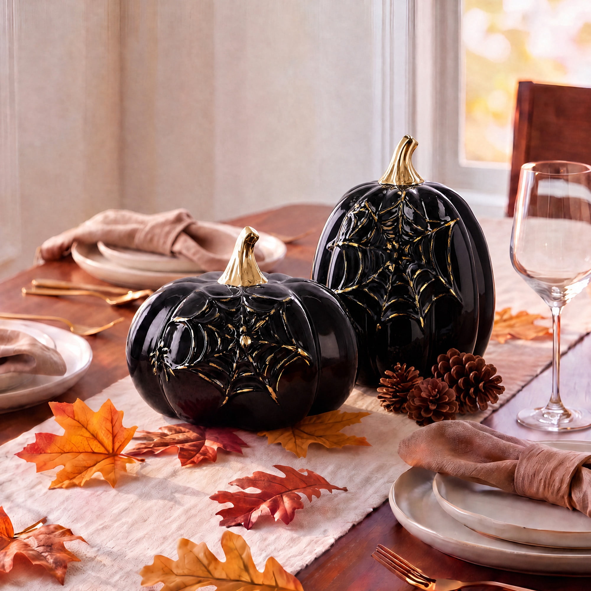 My Texas House Halloween Small Stoneware Spiderweb Pumpkin Tabletop Decoration, Black and Gold, 5"