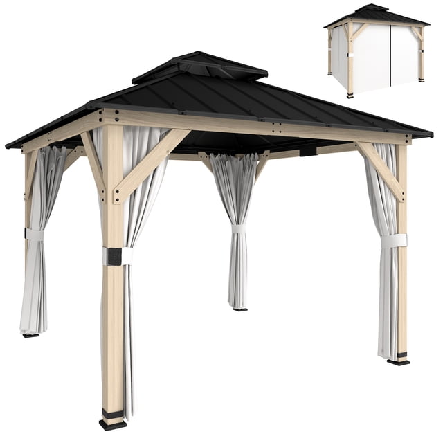 Outsunny Pavillon Extérieur à Toit Rigide 10 Pieds x 10 Pieds avec Double Toit en Acier Galvanisé, Doté d'Un Cadre en Bois de Sapin durable avec supports d'Angle, Rideaux Gris Pâle et Toit à Deux Niveaux Gris Foncé. La Moustiquaire Intégrée Assure la ventilation et la protection contre les Insectes, Tout en Offrant une Résistance au Soleil UPF50+ et une protection contre les Intempéries, Il Est Idéal pour Créer un Refuge de Jardin Douillet Ou pour Offrir de l'Ombre Extérieure Résistante aux Intempéries.