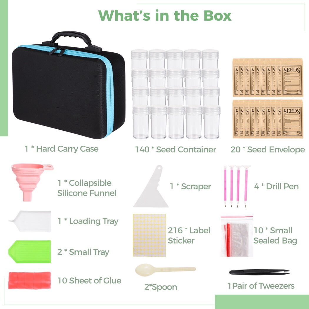 140 Slots Seed Storage Organizer Box, 140 Seed Containers& 20 Seed Envelopes, EVA Carry Case with Seed Boxes, Label Stickers, Funnel, Garden Seed Keeper Set for Vegetable, Fruit, Flower Seeds