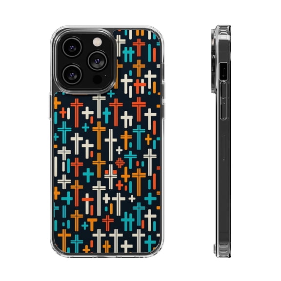 DistinctInk Clear Hybrid Case for Apple iPhone 14 Pro Max (6.7" Screen) - Vibrant Minimalism: Bold and Thin Crosses - Tempered Glass Back