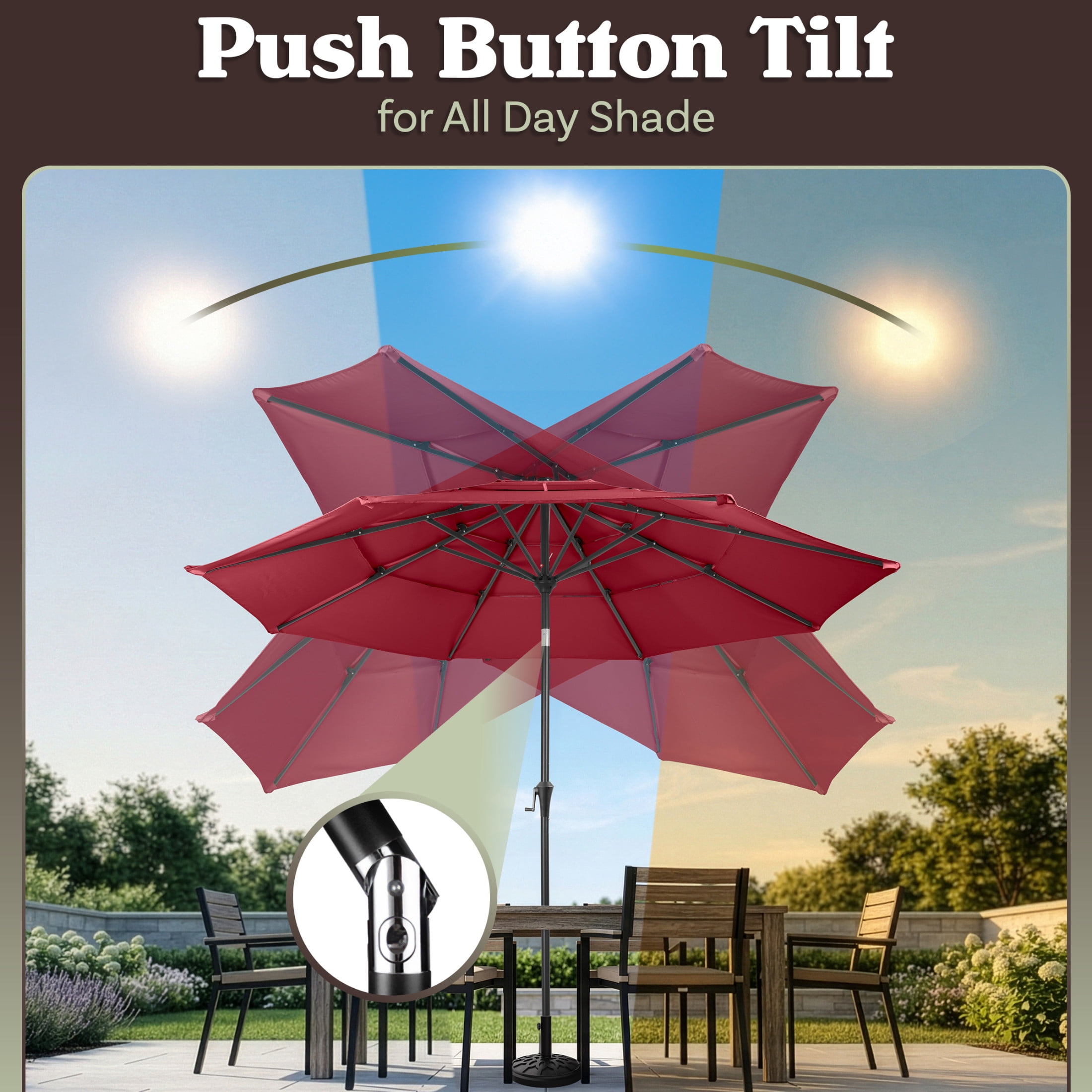 Pure Garden 10ft 3-Tier Umbrella for Patio Shade Canopy with 19lb Base, Maroon Red