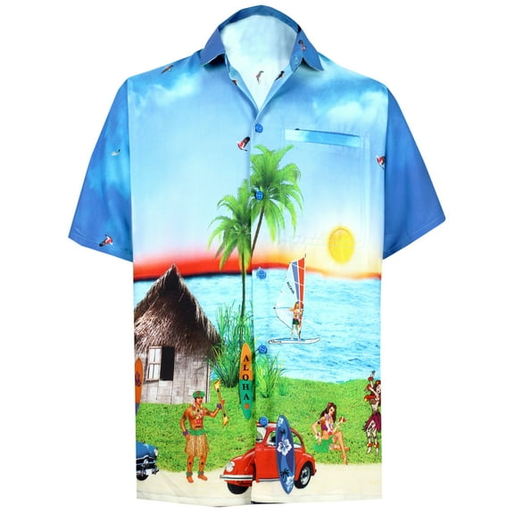 HAPPY BAY Men's Hawaii Shirt Short Sleeve Summer Tops Aloha Holiday Stylish Vacation Beach Shirt Button Down Funky Shirts For Mens M Sky, Hawaii Tradition