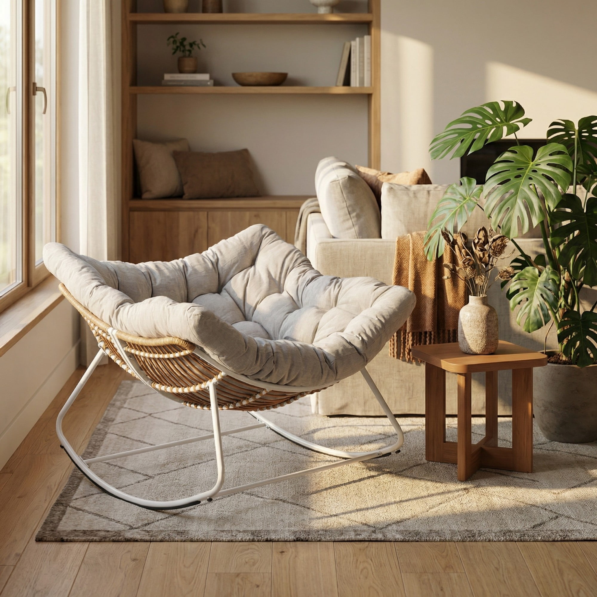 Outdoor Papasan Rocking Chair Oversized, Rattan Egg Rocker Chair with Padded Cushion, 400lbs Patio Wicker Rocking Chair for Living Room Porch Backyard, Light Gray