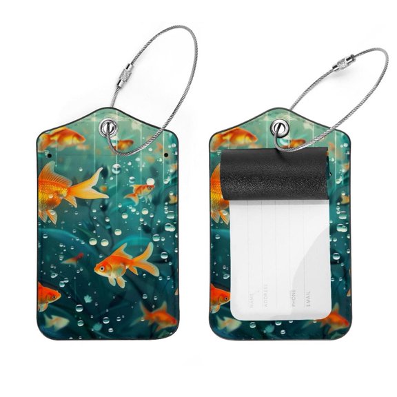 PhooArto 2 Pack Leather Luggage Tag with Stainless Steel Loop, Cute Goldfish Raining Pattern Baggage Handbag Travel Suitcase Tags with Name ID Card Perfect to Quickly Spot Luggage Suitcase