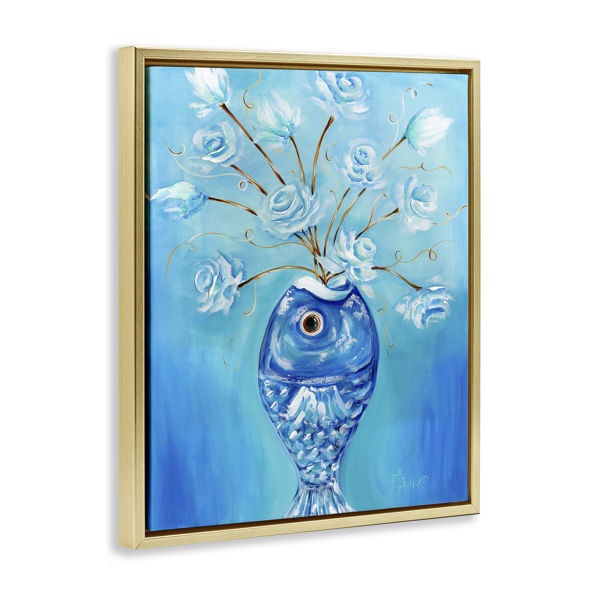 Stupell Industries Fish Vase Bouquet Botanical & Floral Painting Gold Floater Framed Art Print Wall Art, 25 x 31