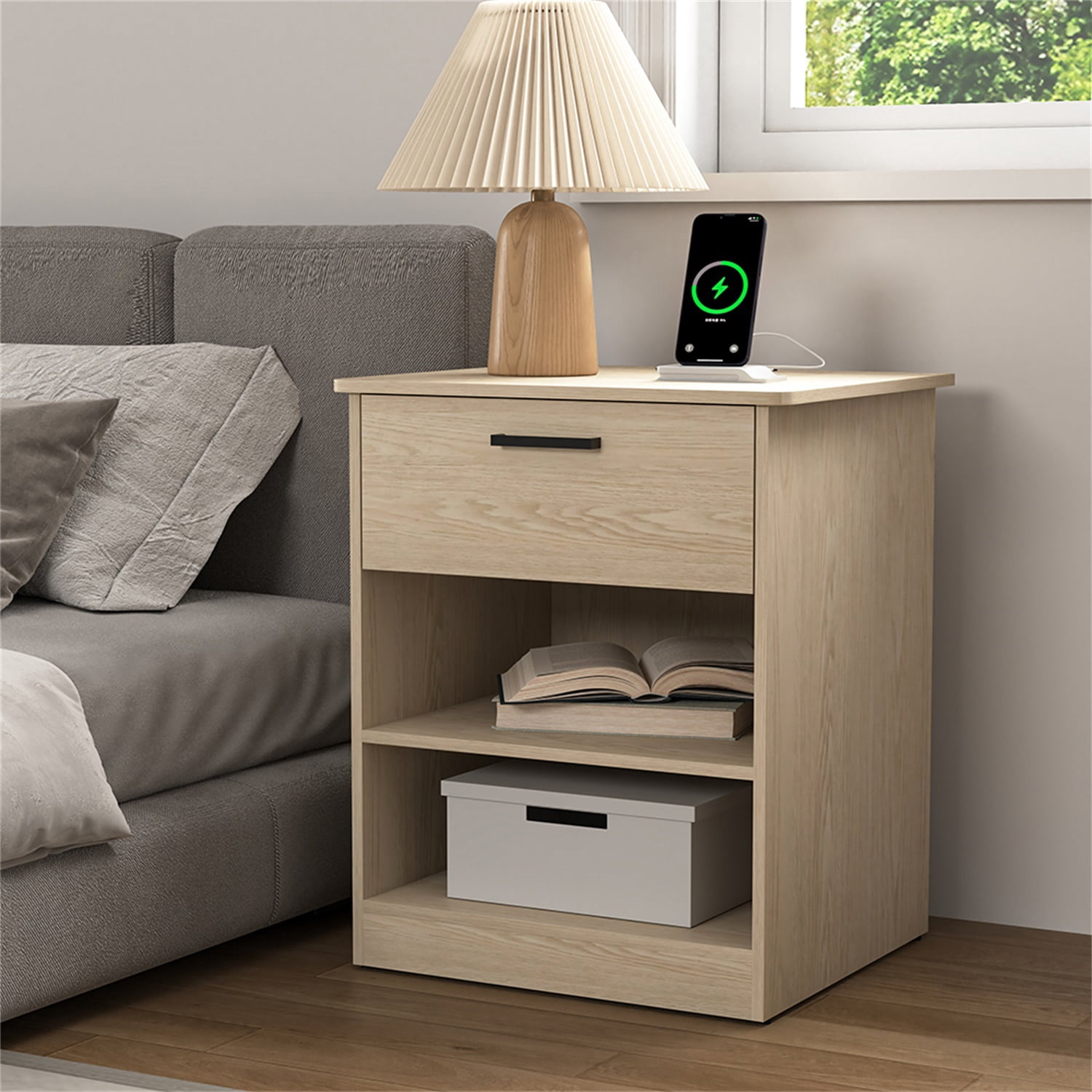 Hommoo Modern Nightstand with Charging Station, End Side Table Bedside Table with Drawer and Open Storage, Natrual