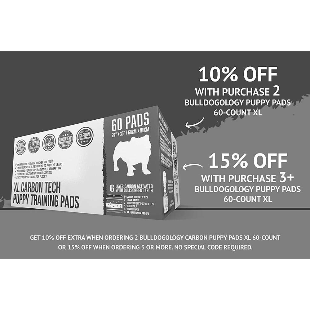 Bulldogology Carbon Black Puppy Pee Pads with Adhesive Sticky Tape - Extra Large Charcoal Housebreaking Dog Training Wee Pads (24x35) (60-Count, Black)