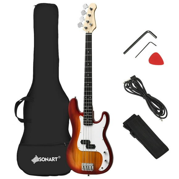 Gymax Full Size Electric Bass Guitar 4 String with Strap Guitar Bag Amp Cord Red New