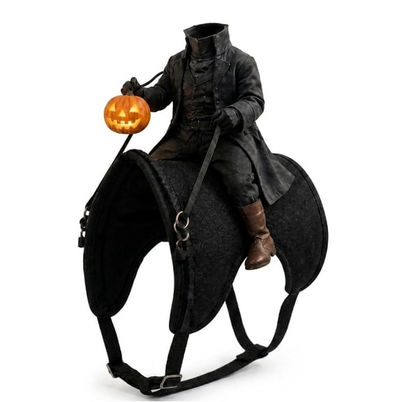 Headless Horseman Pet Costume, Lightweight Saddle Harness with Glowing Pumpkin Figure, Halloween Cat Costume