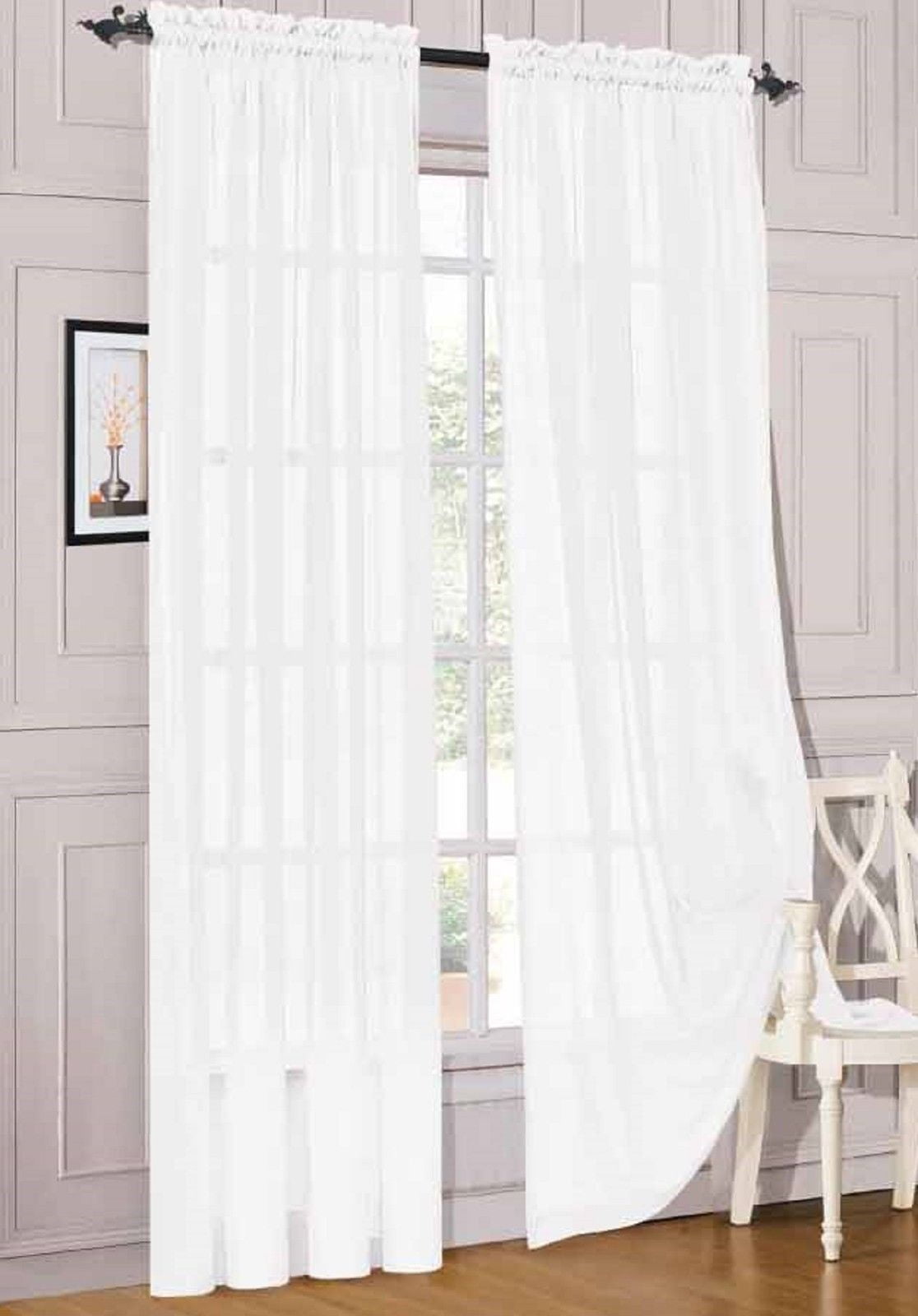 2pc White Solid Sheer Voile Window Curtain Set, Two (2) Rod Pocket Panels 55&quot;W x 84&quot;L (Each)
