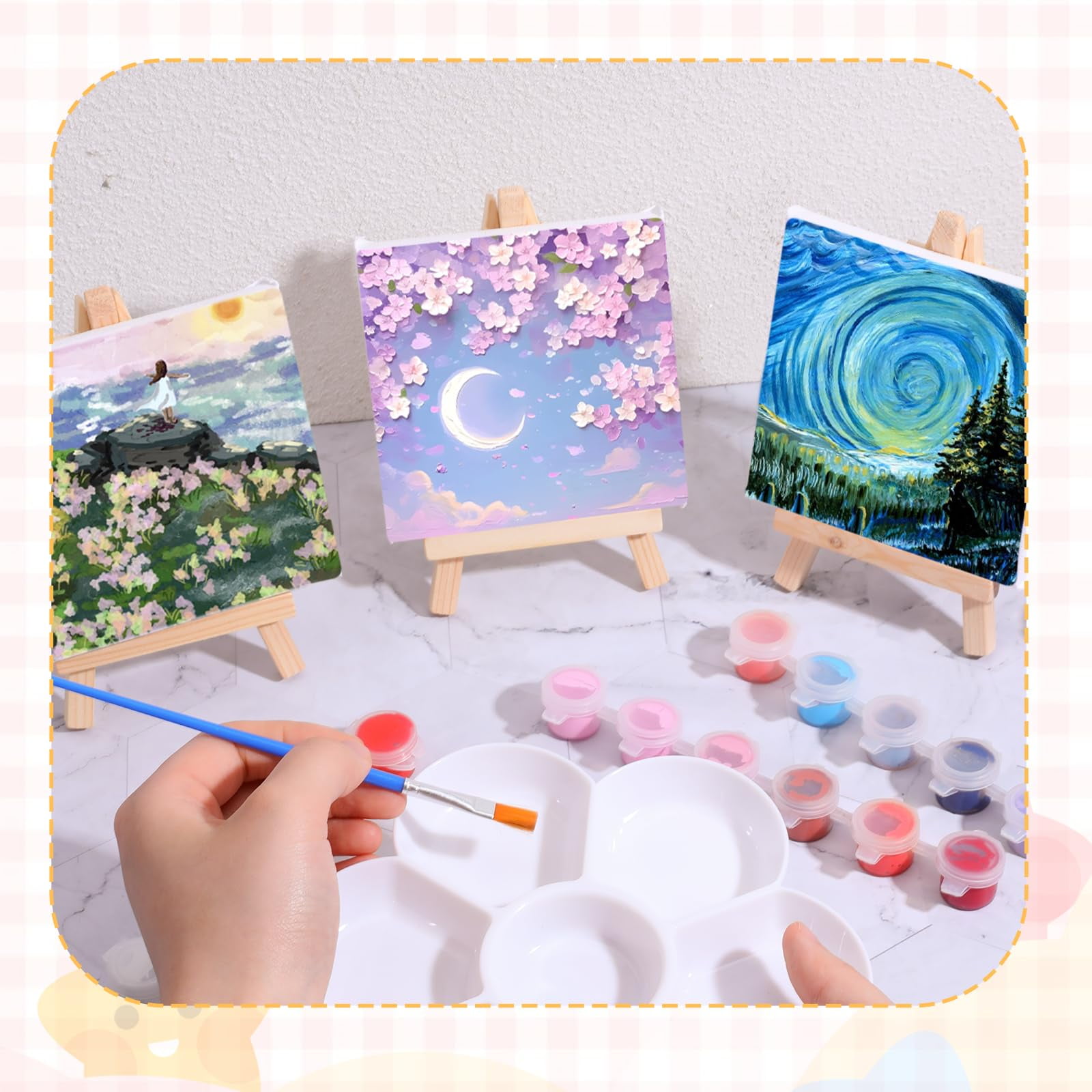 24 Pack Small Painting Canvas with Mini Easel, 4 x 4 Inch Mini Canvases with Easel Sets Art Canvases Painting Kit with Wood Display Easels for Adults & Kids Party Classroom Crafts