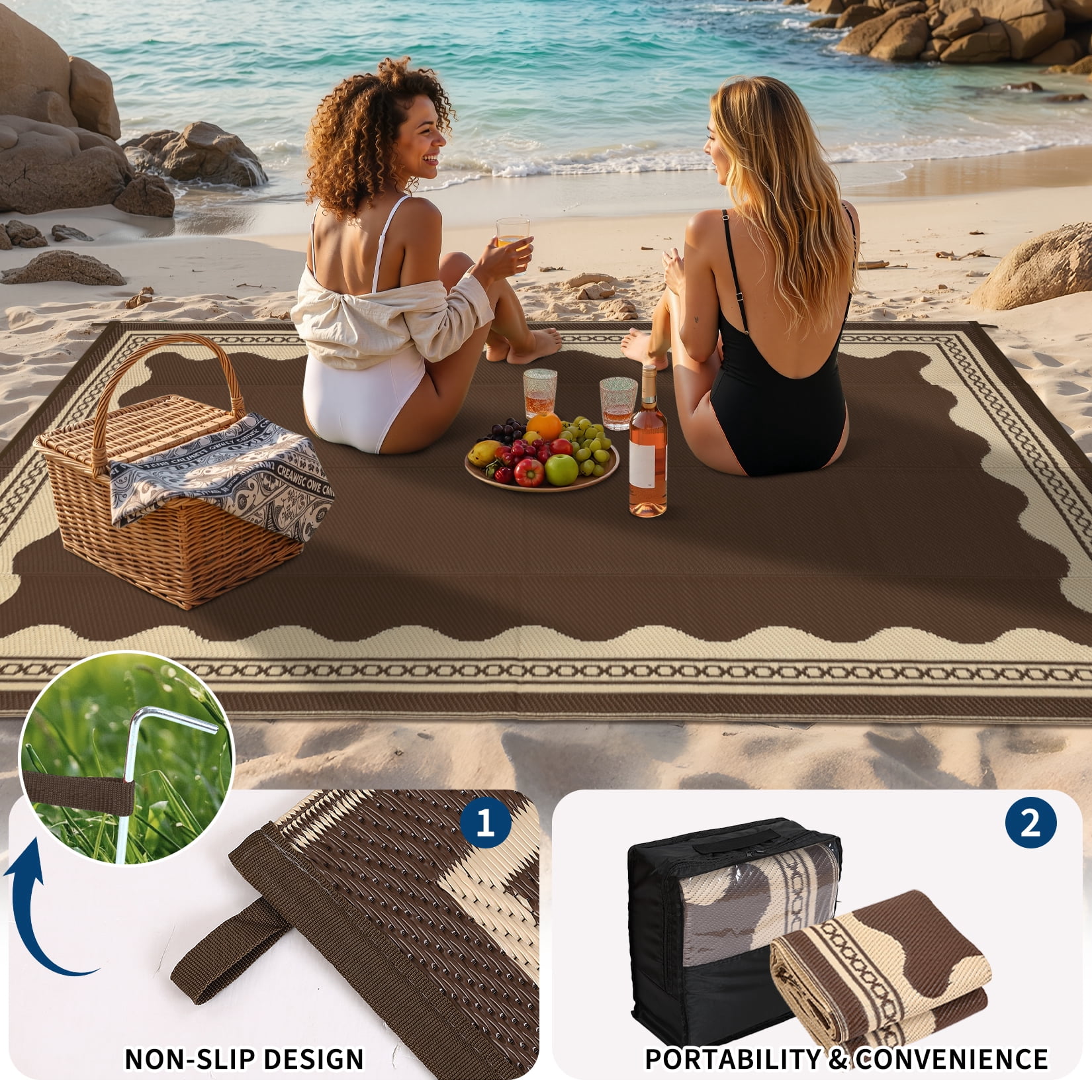 Garvee Outdoor Rug 8x10ft Modern Bordered Reversible Plastic Straw Rug, Waterproof RV Camping Rug Foldable Patio Rug for Deck Porch Balcony Backyard Picnic Beach, Brown