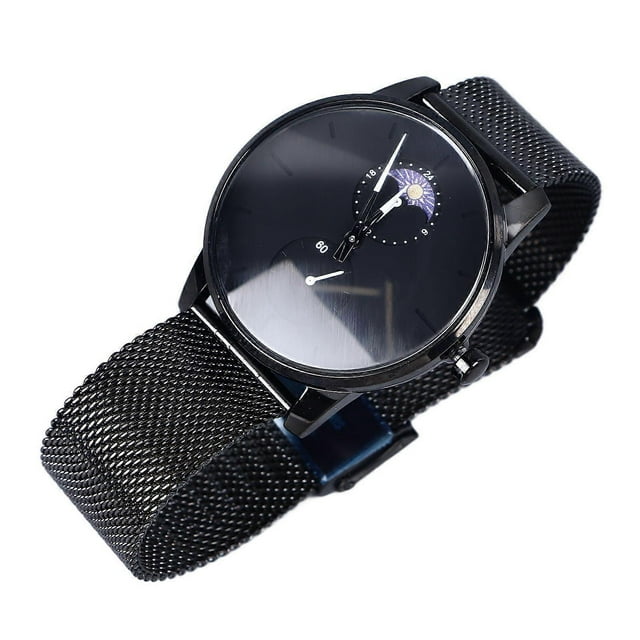 Moon Phase Quartz Watch for Men, Stainless Steel Mesh Strap, Slim Quartz Watch, Waterproof, Black, Minimalist