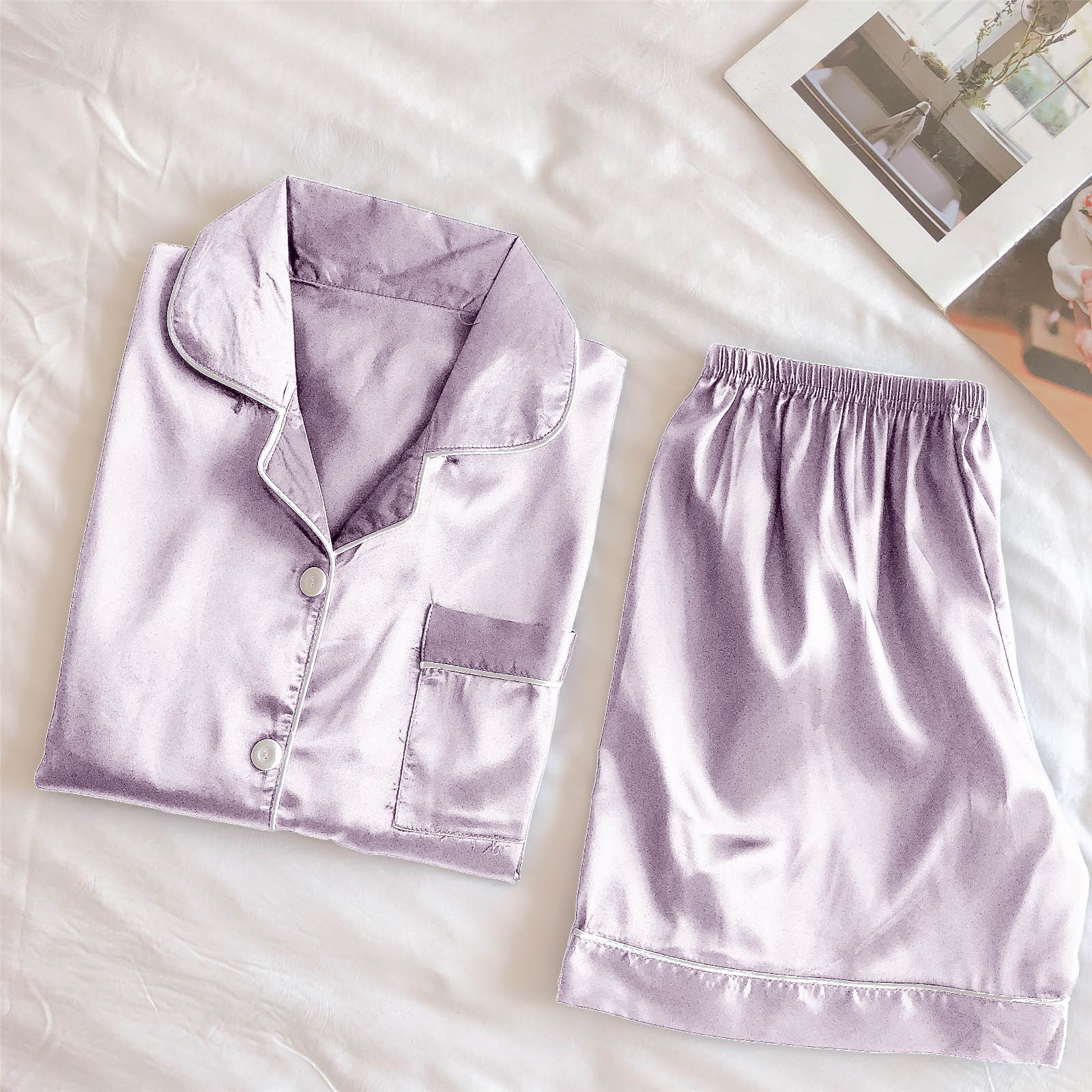 ALLLIST Womens Pajamas 2 Piece Short Set Satin Loungewear Casual Purple ...