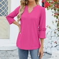 thumbnail image 5 of USNSM Women's Modest Pullover 3/4 Ruched Sleeve Length Loose Fit Tunic Blouses Hollow T Shirts Pleated Flare V Neck Tops Hot Pink L, 5 of 6