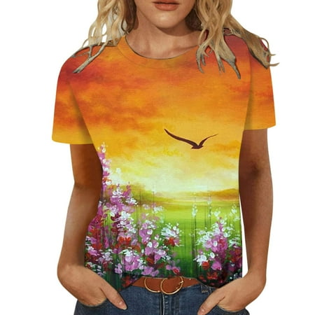 

Shirts for Women Womens Tops Dressy Casual Women Fashion Summer Casual Print Crew Neck Loose Short Sleeve T-shirt Top Blouse Pullover Off The Shoulder Tops for Women Savings Clearance Tube Tops