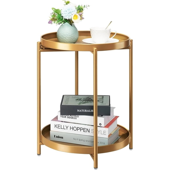 2-Tier End Table, Outdoor Side Table Metal Round Side Table with Removable Tray, Small Folding Accent Table, Anti-Rust Nightstand for Bedroom Balcony Patio Living Room (Gold)