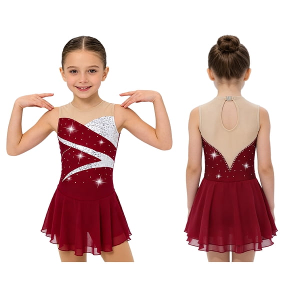 iiniim Figure Skating Dress for Girls Sleeveless Hollow Back Rhinestone Ice Skating Ballet Leotard Dancewear Red 6