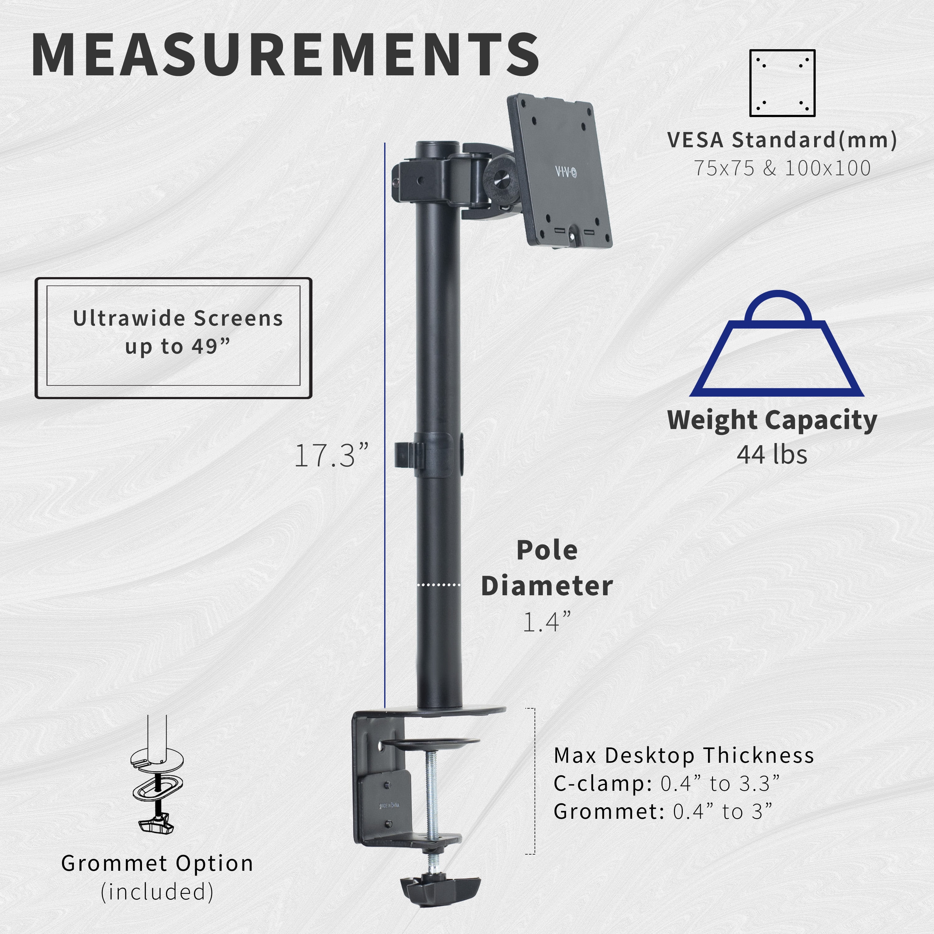 VIVO Single Ultrawide Monitor Desk Mount, Adjustable Stand for Screens up to 49"