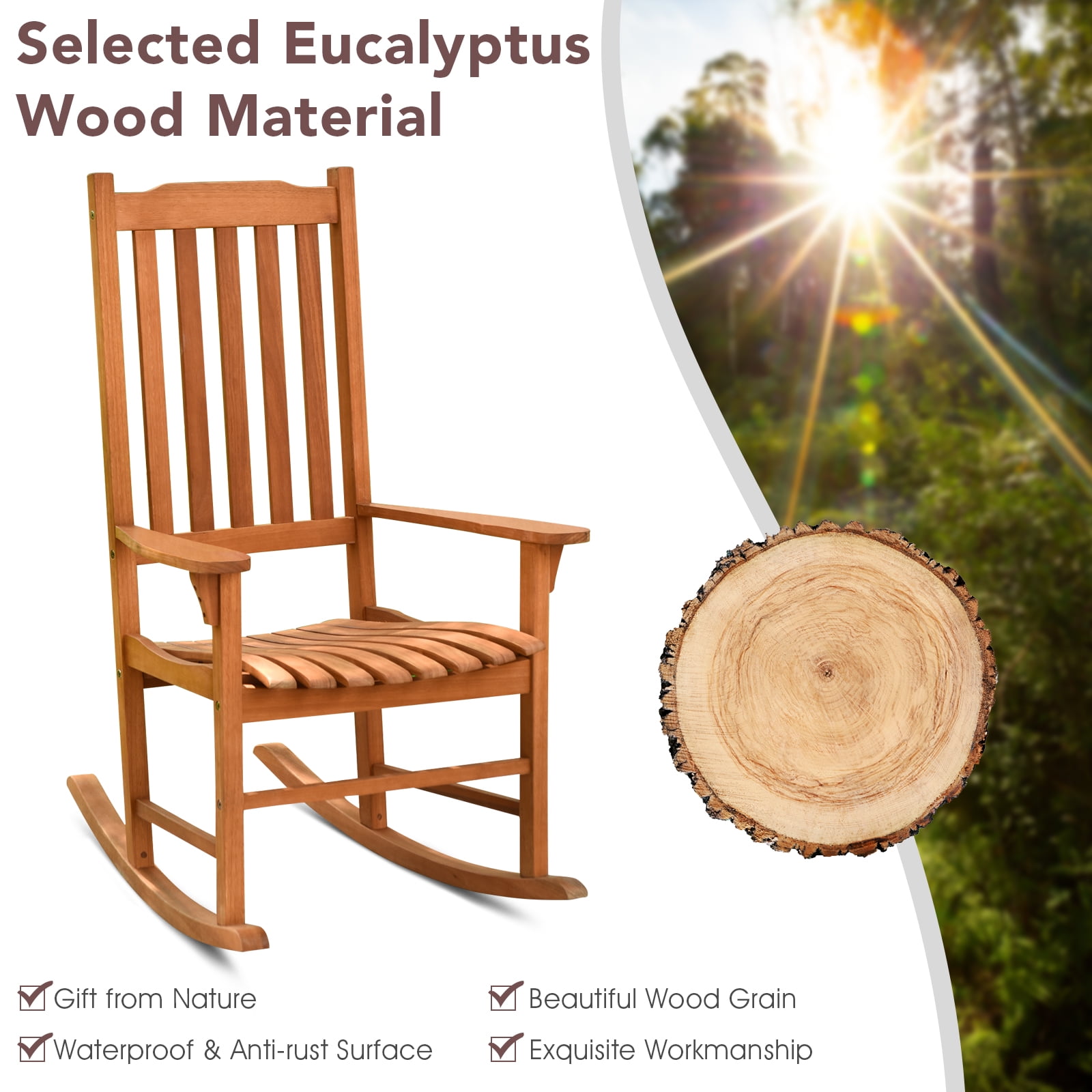 Patiojoy Outdoor Single Rocking Chair Wooden Patio Rocker Chair Natural Wood