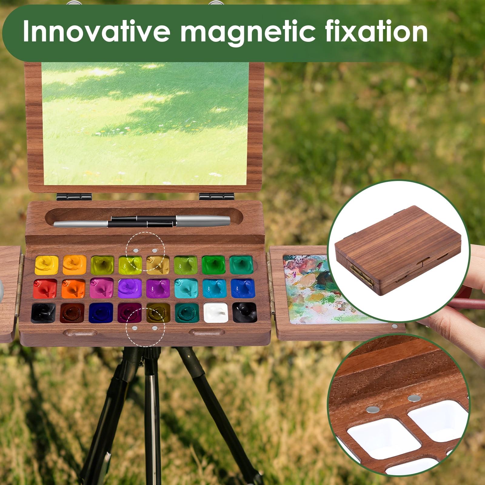 Threns Portable Travel Watercolor Paint Box – 24 Grids Wooden Foldable Watercolor Palette for Plein Air Painting - Designed for Travel Artist Painter