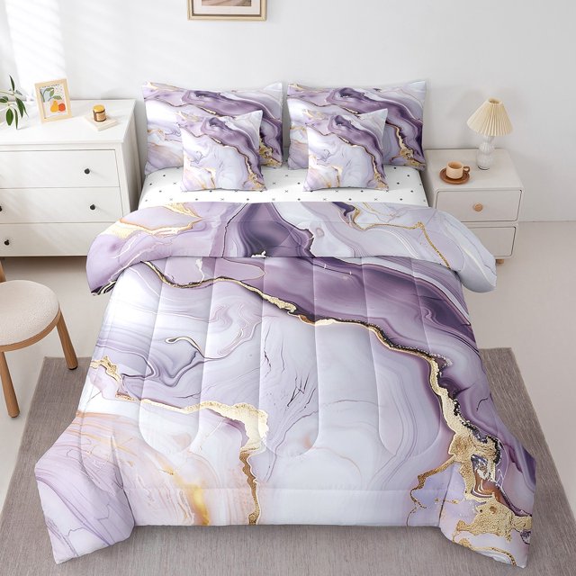 Erosebridal Purple Marbling Marble Bedding Sets Queen Size, Aesthetic Stone Pattern Bed Sheets Set, Microfiber 7pcs