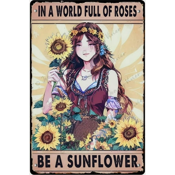 in A World Full of Roses Be A Sunflower Retro Vintage Metal Tin Bar Sign, Decorative Wall Art Signage, Primitive Farmhouse Country Kitchen Home Decor, Gift for Women 5.5x8 Inches