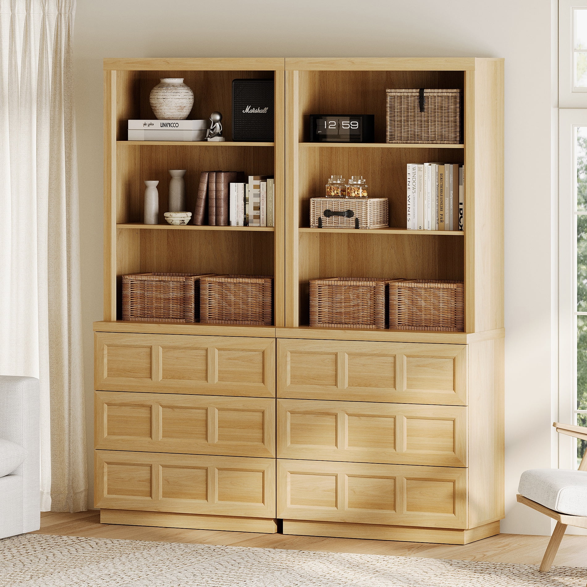 HOMOOI Wood Pantry Cabinet, Boho Freestanding Kitchen Storage Hutch with 2 Adjustable Open Shelves and 6-Large Drawers,Anti-Wobble Storage Organizer for Kitchen, Dining Room, Entryway,Oak