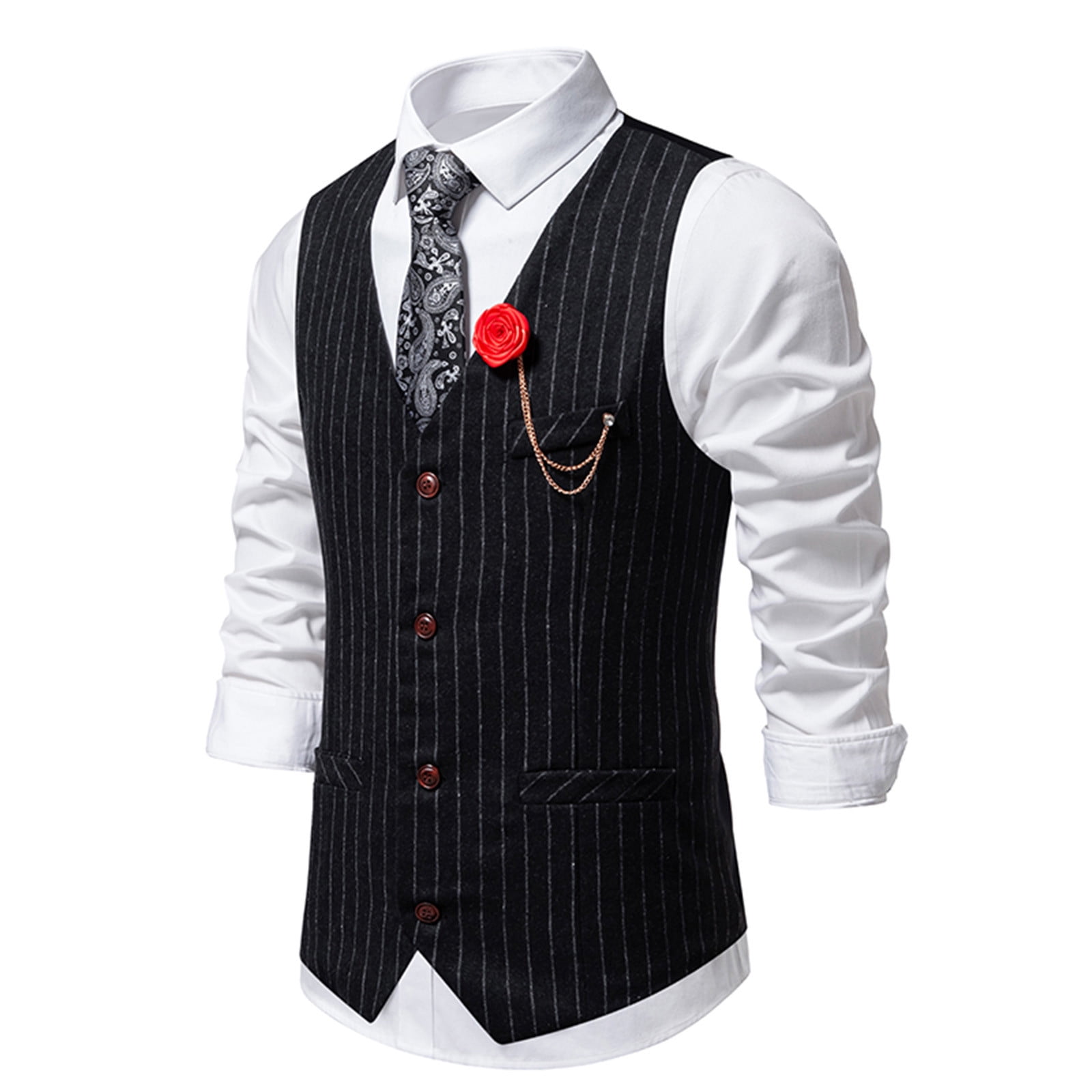 hopeusnice Men's Classic V-Neck Waistcoat Chain Trim Business Vest