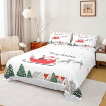 Homewish Merry Christmas Twin Sheet Sets,Cartoon Santa Claus Twin Fitted Sheet,Wild Xma Reindeer Flat Sheet For Girl,Luxury Bedroom Decor,3pcs