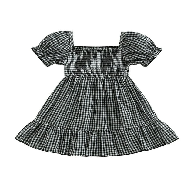 Robe d'Été Décontractée pour Bébé Fille Manches Courtes Bouffantes Robe Trapèze à Carreaux
