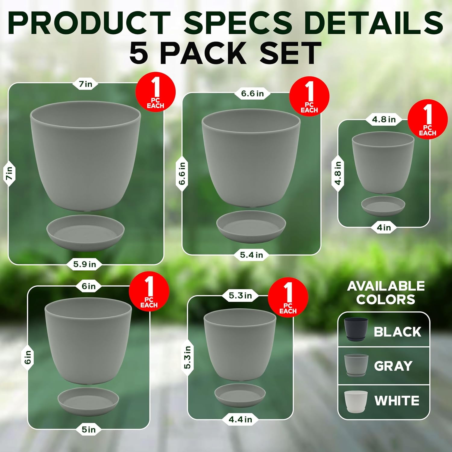 Campior Plastic Plant Pots with Drainage, Stackable Design for Indoor/Outdoor Use, Pack of 5, Gray