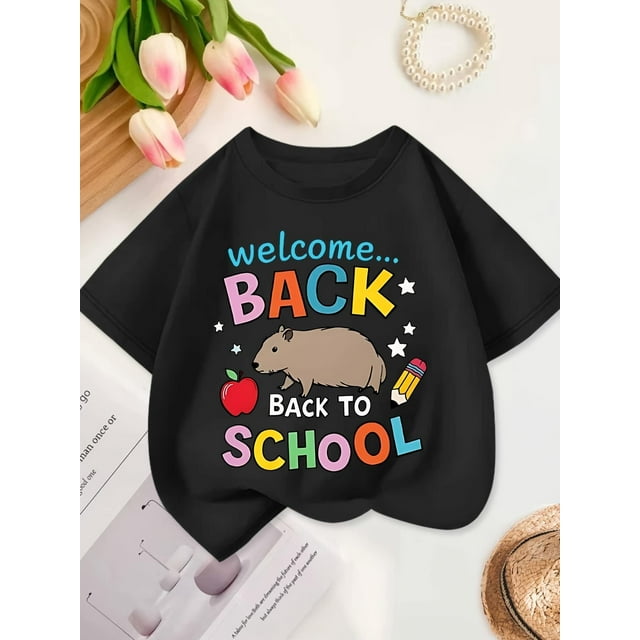 Bienvenue à la Rentrée Scolaire" T-Shirt pour Filles - Imprimé Mignon de Capybara et Fournitures Scolaires, Col Rond en Coton à Manches Courtes, Style Décontracté d'Été pour Jeunes, Tee-Shirt de Fournitures Scolaires