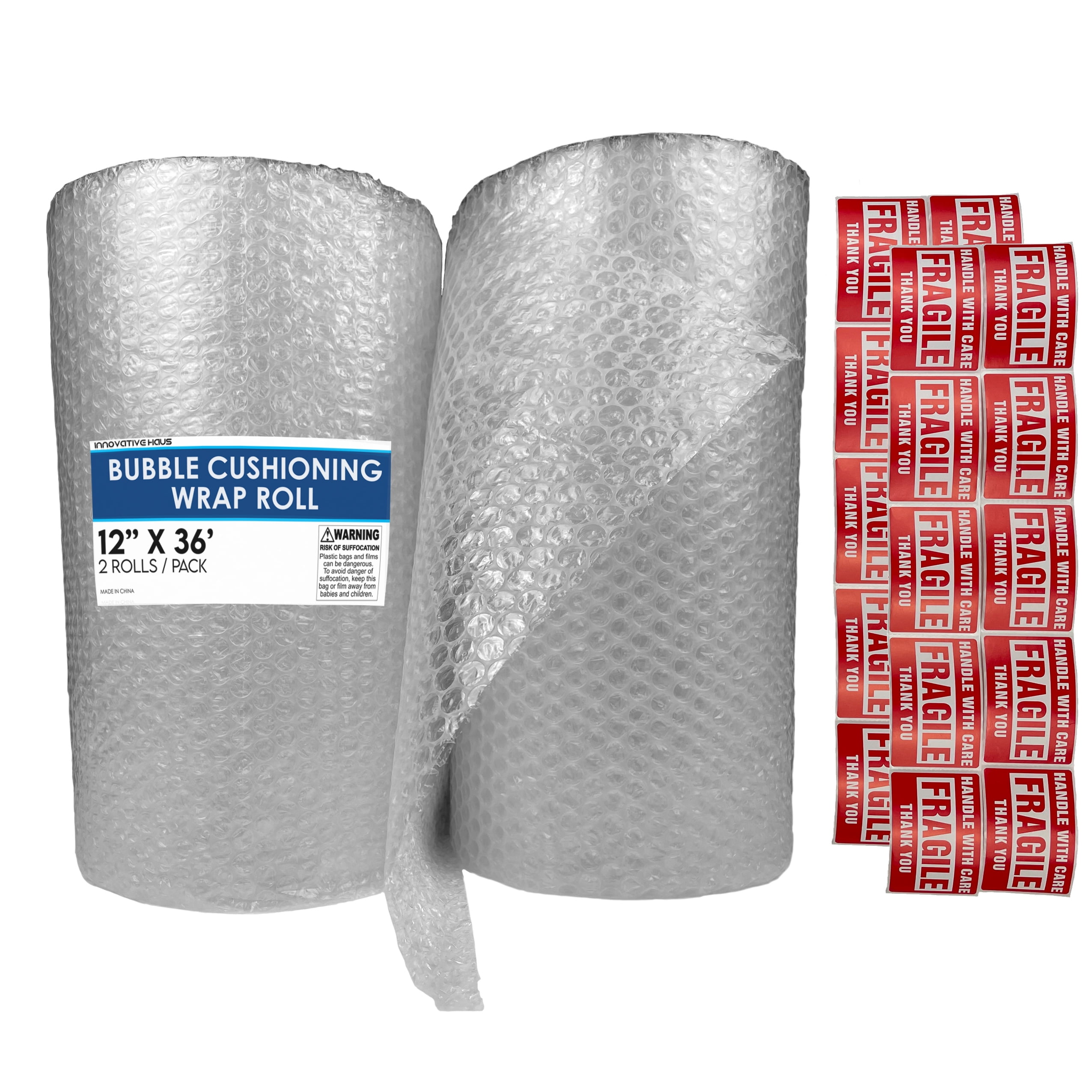 Bubble Cushioning Wrap Roll 12x36 Small Bubble Perforated Every 12 EASY TO TEAR for Packing Moving Packaging 2 Rolls, Total 12x72 Moving Supplies with 20 Fragile Stickers Shipping Wrapping 
