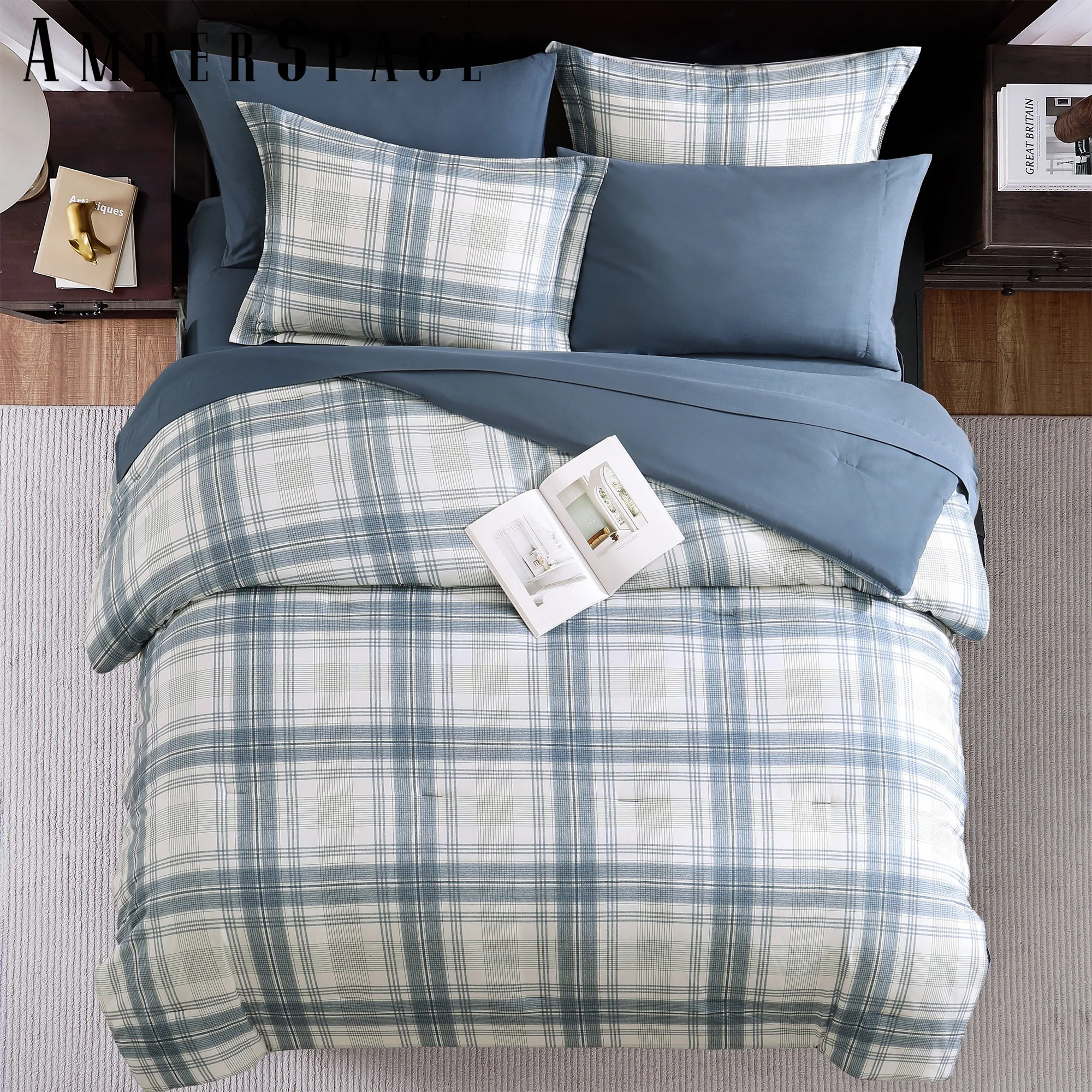 Amberspace Reversible Checkered 5-piece Bed in a Bag Comforter Set with Sheets,Blue Grey,Twin XL