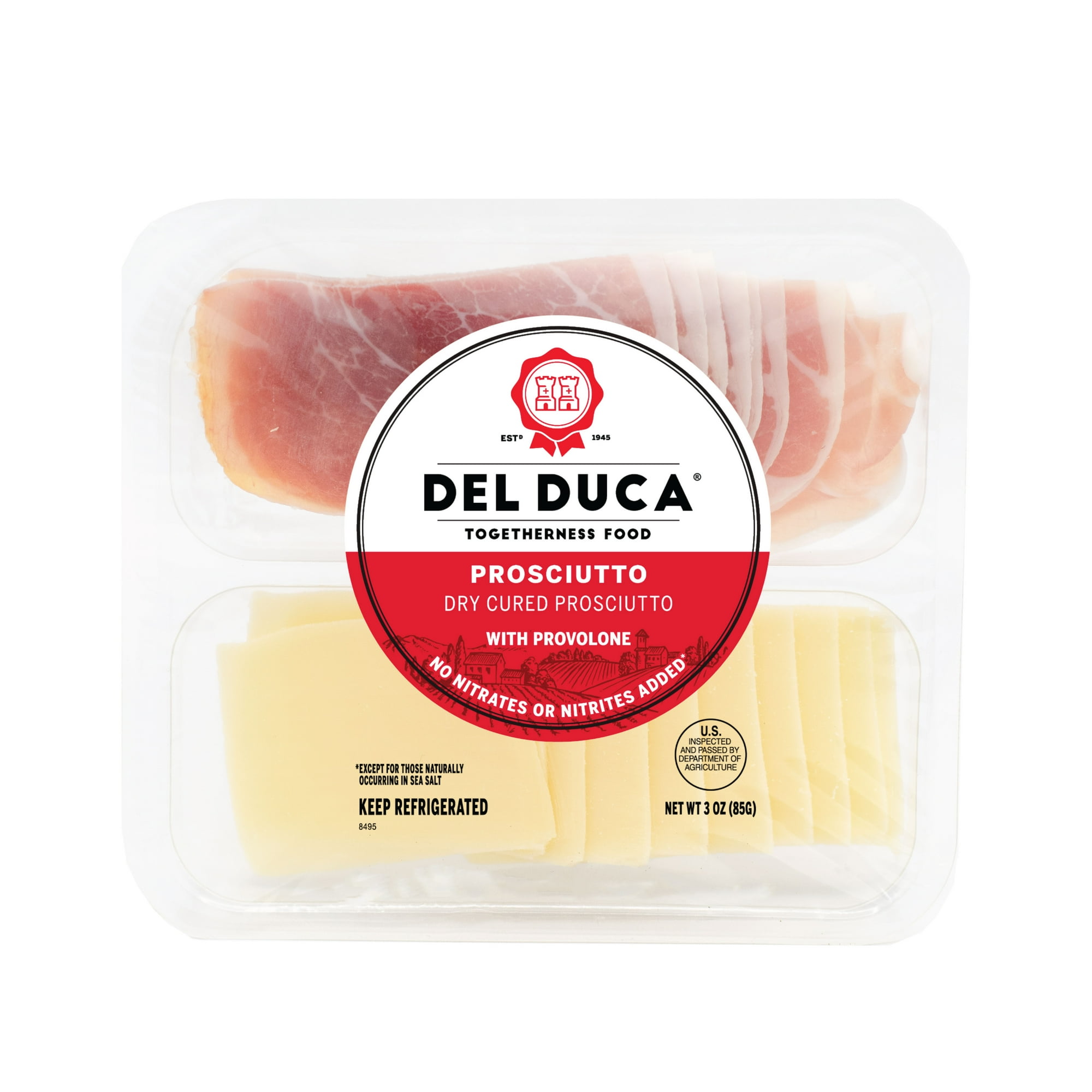 Del Duca Charcuterie Snack Pack, Dry Cured Sliced Prosciutto & Provolone Cheese, Plastic Tray, Single Serve, 3 oz., 24g Protein per Serving