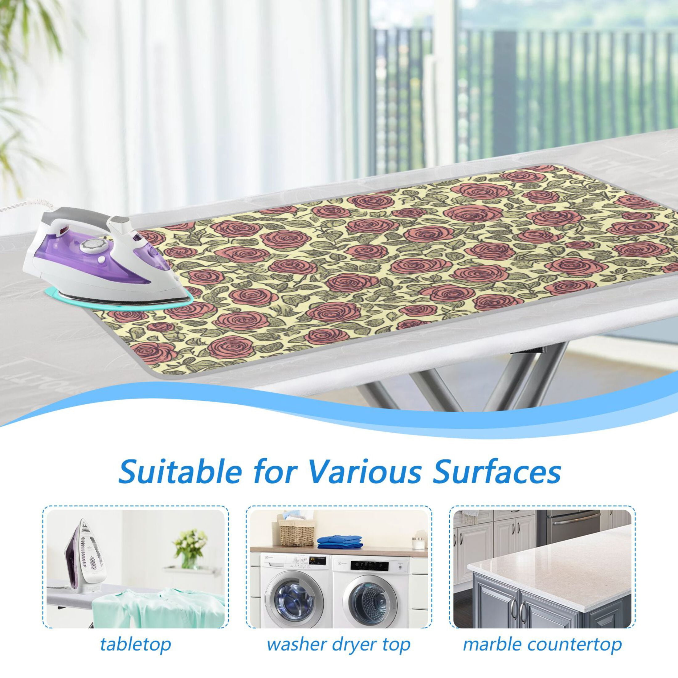 Vintage Rose Floral Print Ironing Mat Blanket for Table Top Travel Portable Ironing Board Pad 47.2x27.6 Inch