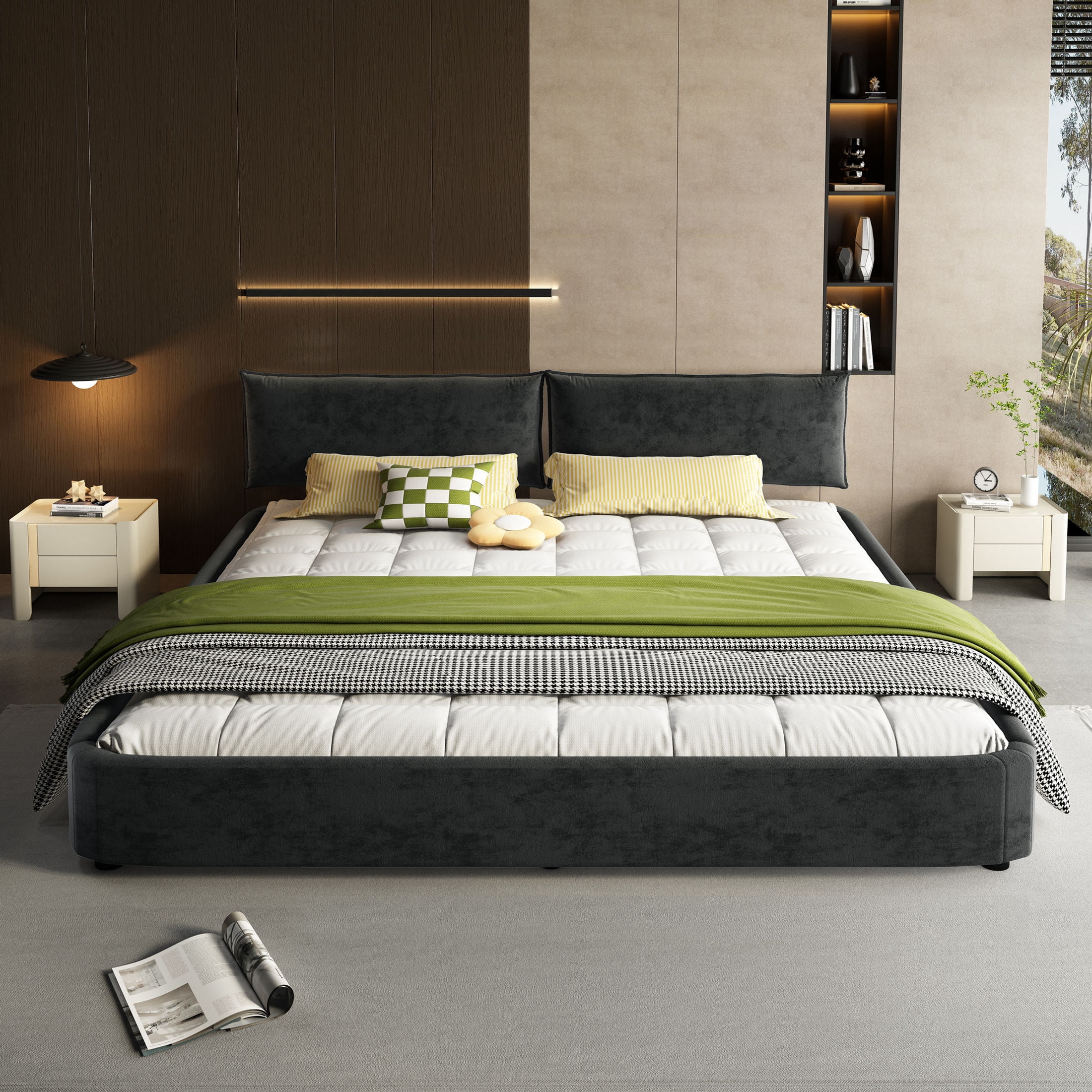 Noble House Misty King Size Chenille Upholstered Cloud Bed Frame, Adjustable Swivel Headboard & Round Corners, Dark Grey