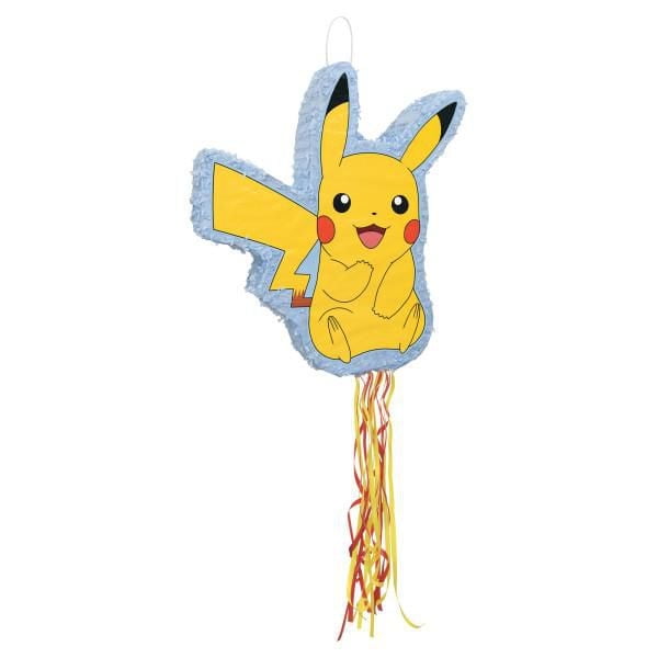 Pokémon Pikachu shaped drum pull pinata with colorful ribbons, designed for party celebrations.
