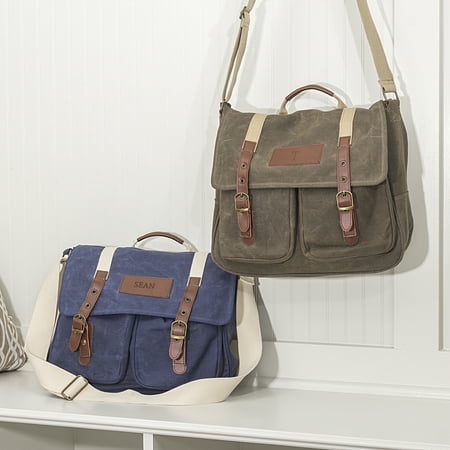 Personalized Leather - Personalized Men’s Waxed Canvas and Leather Messenger Bag, Navy