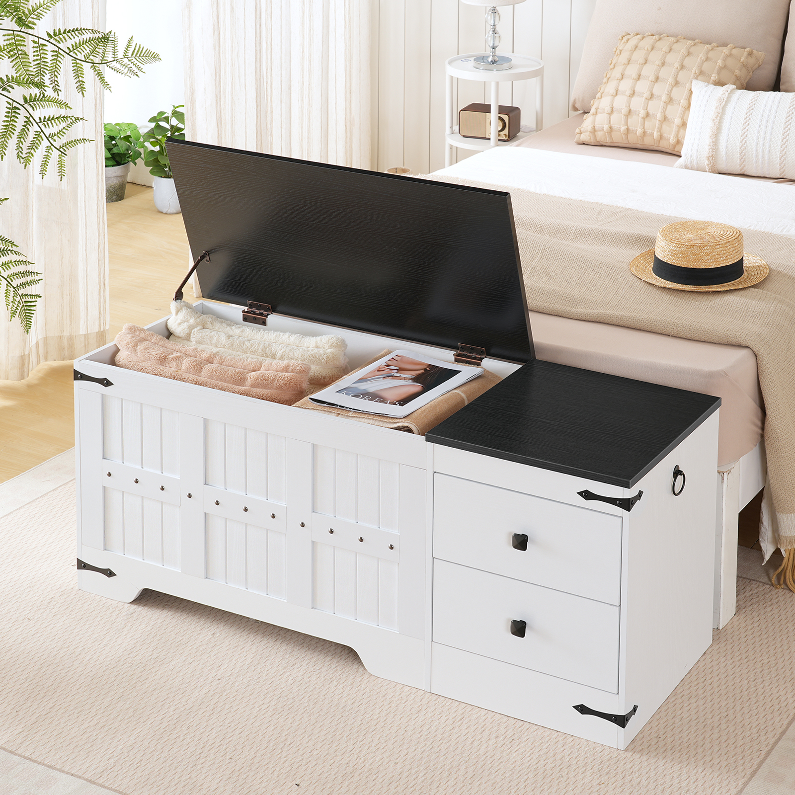 HOOBRO Wooden Toy Storage Bench and Chest, Dual Drawers, Safe Hinge, Extra-Long Thick Top, Easy Assembly, Multipurpose Storage Organizer Trunk, for Living Room, Bedroom, White and Black WB212CW01