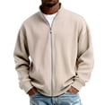 thumbnail image 2 of Men Vertical Rib Knit Jackets Liweisiy Full Zip Stand Collar Oversized Long Sleeve Coat Casual Cardigan Coat Khaki 3XL, 2 of 8
