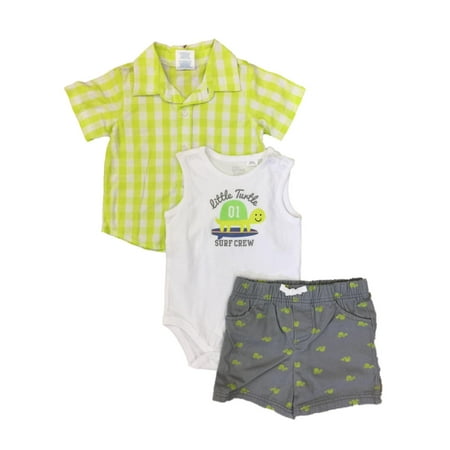 Infant Boys 3 Piece Baby Outfit Plaid Shirt Shorts & Surfing Turtle Bodysuit