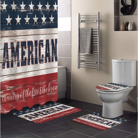 FMSHPON America Flag Stars 4 Piece Bathroom Set Shower Curtain Bath Rug Contour Mat and Toilet Lid Cover