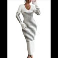 thumbnail image 1 of Vestido de Suéter A Rayas con Cuello en V para Mujer, Larga, Ajustado, Midi. Albaricoque S, 1 of 7