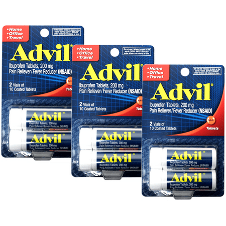 Advil Coated Tablets Pain Reliever and Fever Reducer, Ibuprofen 200mg, 2 x 10 Count Vials Travel Size Pack of 3 (6 vials total)