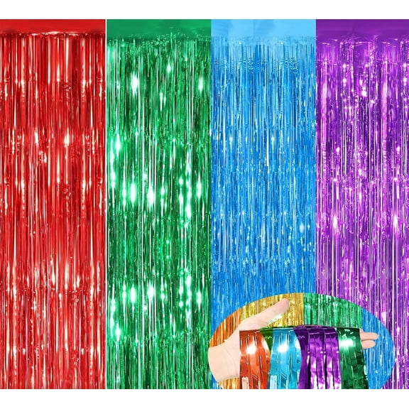 4 Pack 3.2 x 8.2 ft Foil Fringe Curtains Party Decorations - Tinsel Curtain Party Photo Backdrop for Birthday Party Baby Shower or Graduation Decorations April fool's Day Decorations Teal