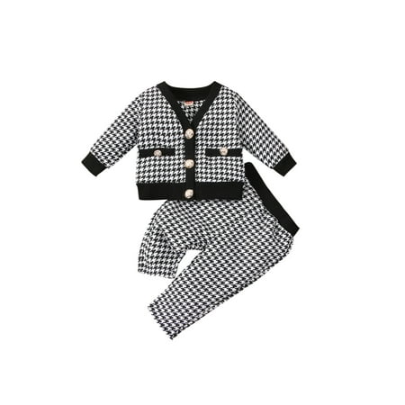 

XIAXAIXU Toddler Elegant Girls Tops Set ，Plaid Long Sleeve Sweater Shorts Set Baby Girls Coat Tops+Pants Set Black White 3-4 Years