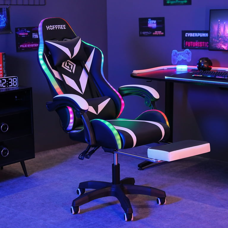 HOFFREE Gaming Chair with RGB LED Lights Ergonomic Computer Chair with  Massage Lumbar Pillow Linkage Armrest Reclining Leather Video Game Chair  Racing Style for Home Office 